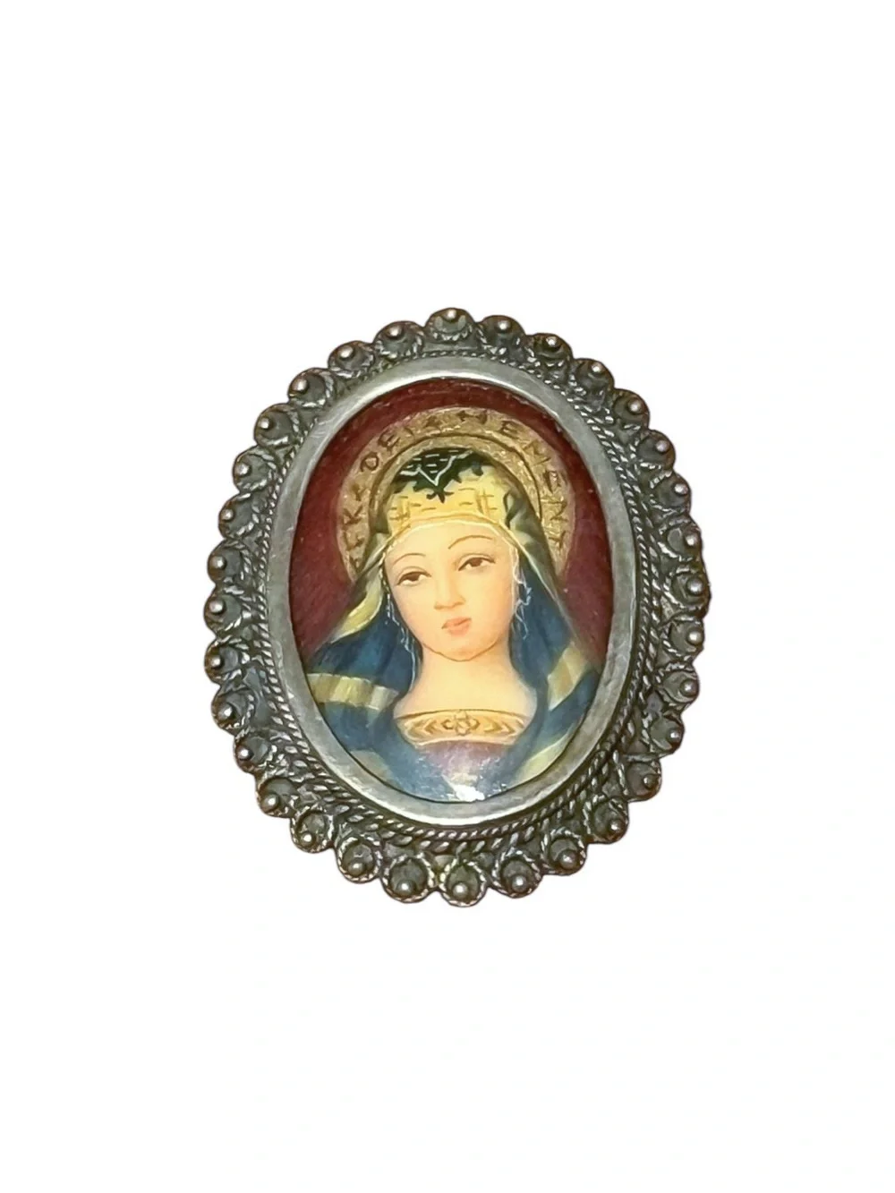 Vintage Filigree Silver 800 Framed Saint Portrait Brooch/Pin